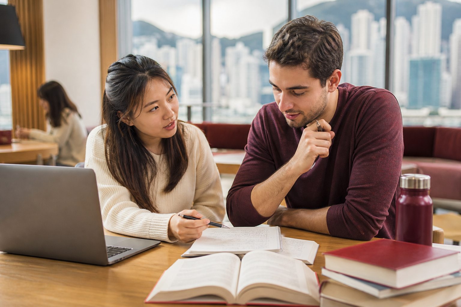 香港本地學生與留學生討論英文Essay的情境圖片