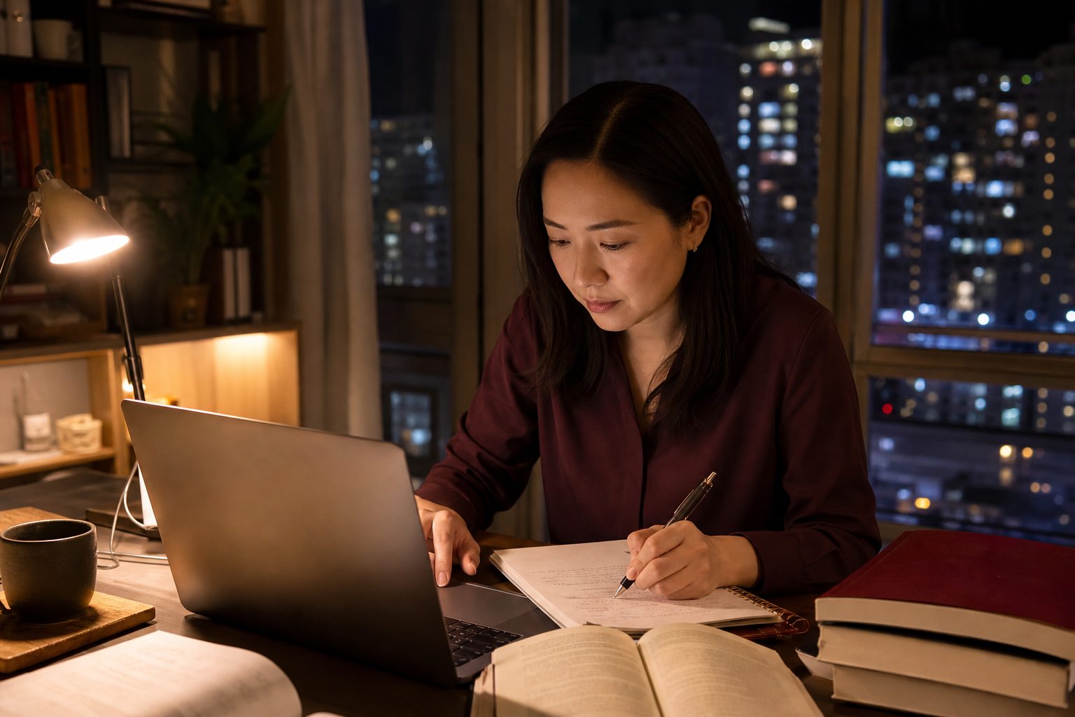 香港在職進修人士晚上處理大學功課的情境圖片