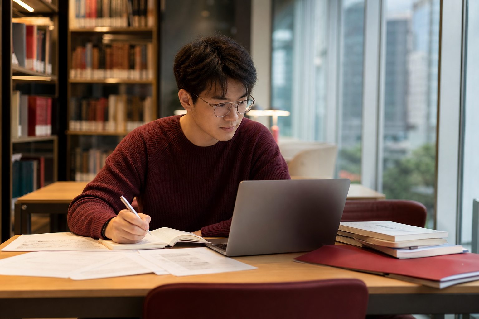 香港大學生在圖書館準備論文研究的情境圖片
